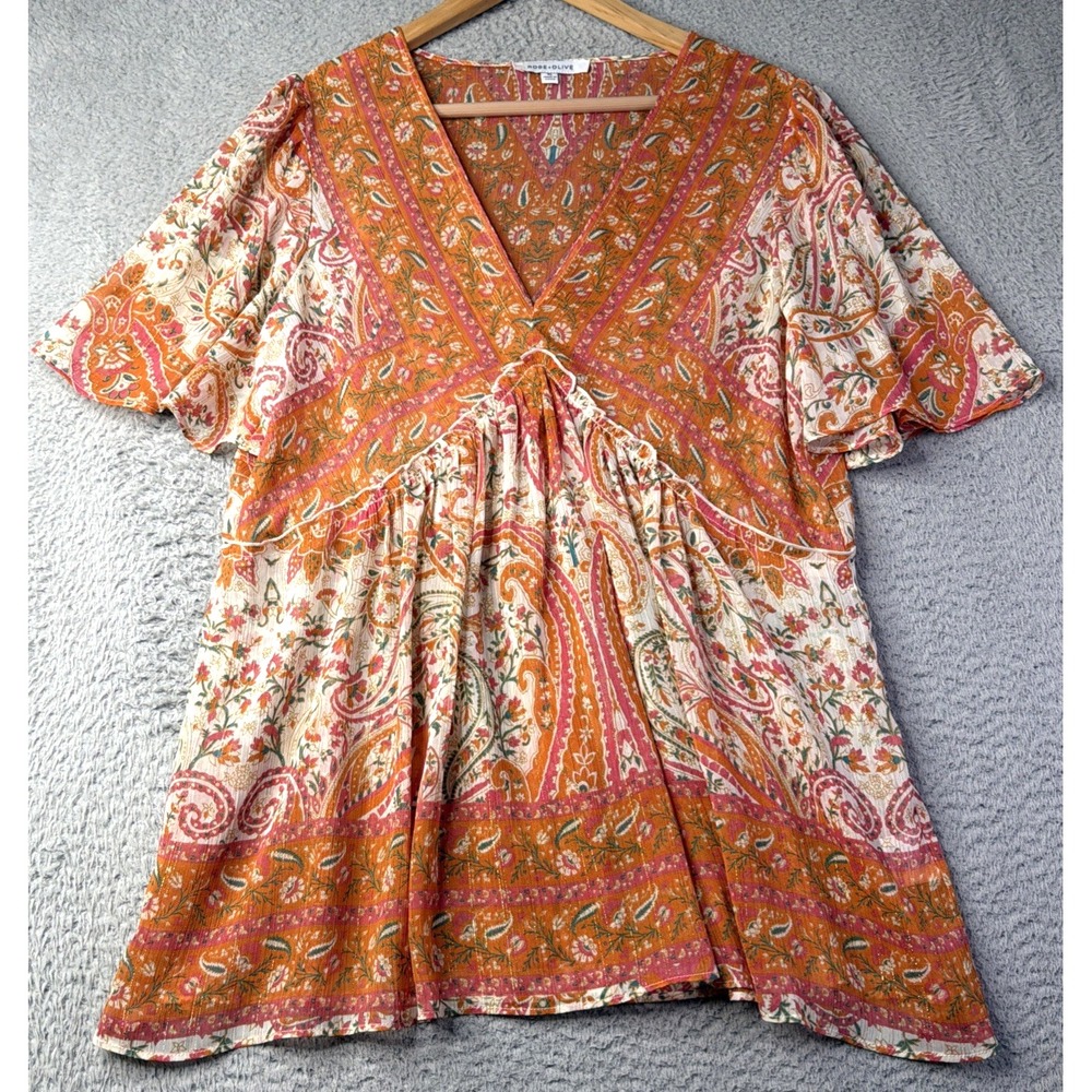 Rose And Olive Top Womens XL Floral Short Sleeve V Neck Sheer Flowy Fairy Top